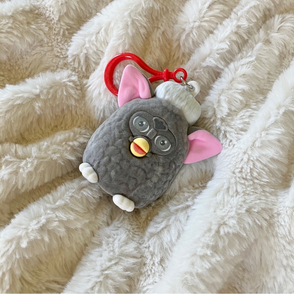 Hasbro Gray Black Furby Keychain with Pink Ears and Red Clip
